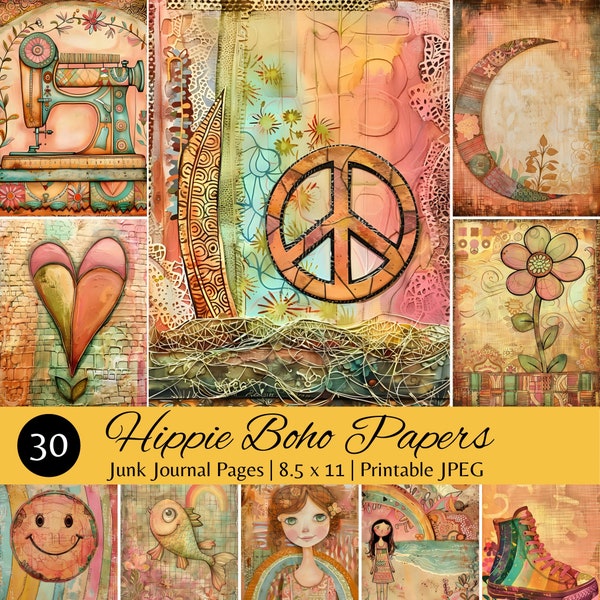 Vintage Hippie Boho Digital Papers, Junk Journal Printable, Peace Love, 8.5x11 Scrapbooking,Digital Download,hippie Pages