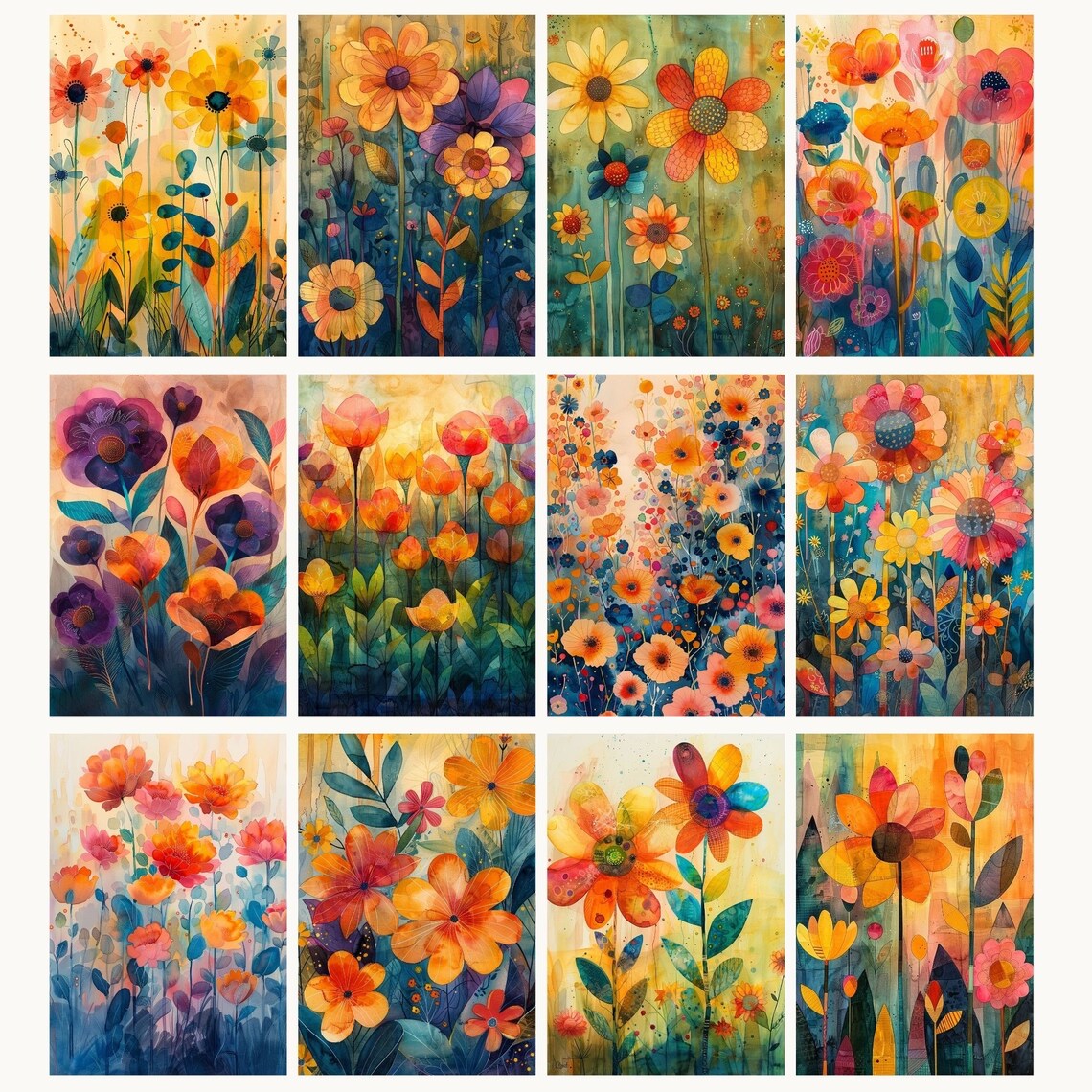 Printable Abstract Floral Art Set of 24, Vibrant Flower Wall Decor ...