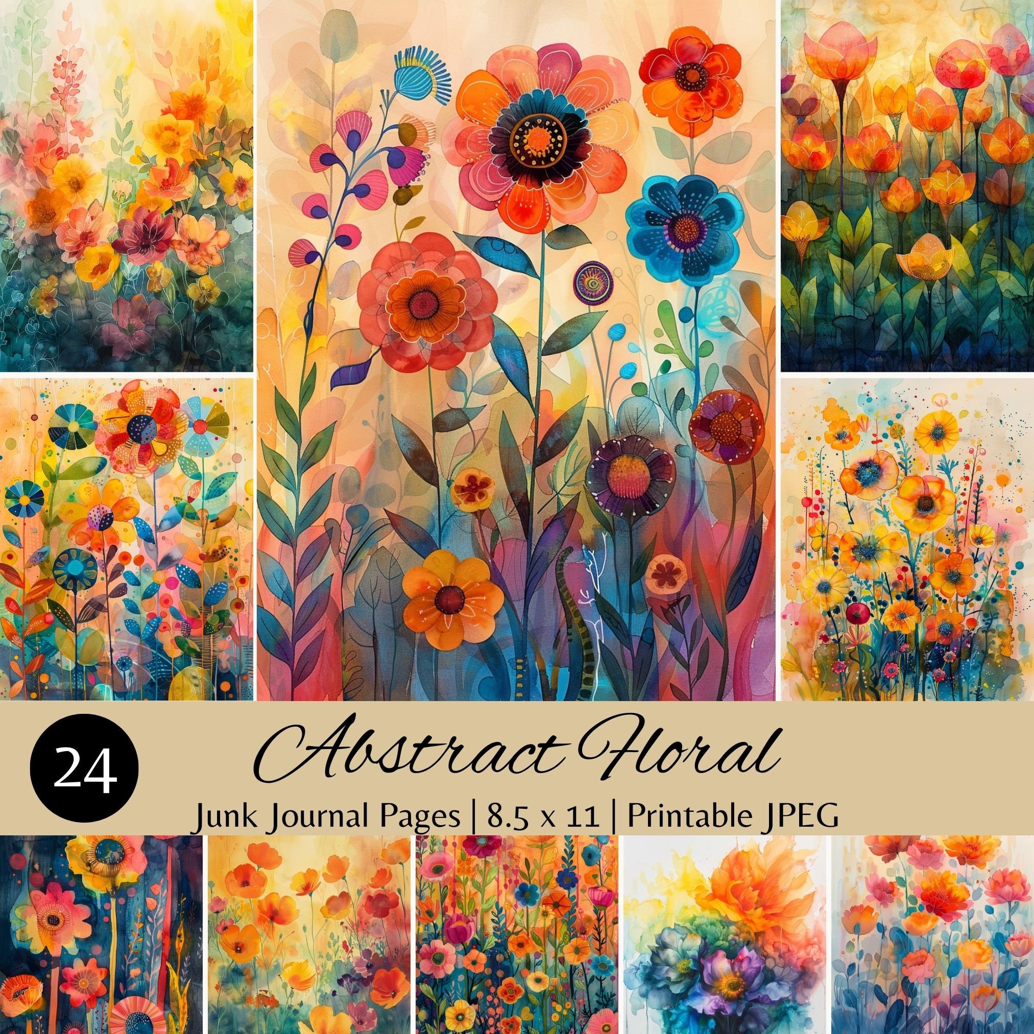 Printable Abstract Floral Art Set of 24, Vibrant Flower Wall Decor ...