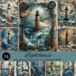 Pages de journal Lighthouse Against Stormy Ocean Junk, design nautique avec boussoles, cartes et cordes, images JPG 8,5 x 11, pages de scrapbooking