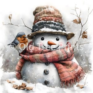 Vintage Christmas Snowman Clipart Bundle- 10 High Quality Watercolor JPGs- Winter Holidays, Journaling, Scrapbook Supply, Digital Download