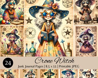 Crone Witch Junk Journal Pages, Digital Download, Printable Art, Halloween Witch Ephemera, Witchcraft Scrapbook, Vintage Witch Designs, JPG