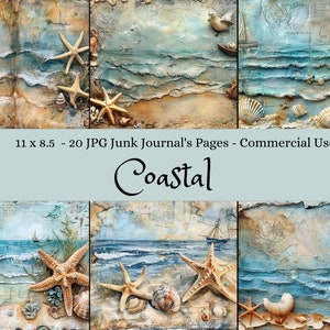 Coastal Beach Digital Junk Journal Pages, 11 x 8.5 Printable, Nautical Scrapbook Paper, Commercial Use, Digital download