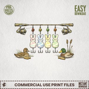 May include: A digital design featuring a fishing rod with bunny-shaped lures in pastel colors. Two ducks are positioned at the bottom, with the text "PNG DIGITAL DESIGN" and "EASY DOWNLOAD" visible.