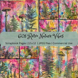 Pages de scrapbooking numérique Nature Vibes des années 60, motifs fougères et champignons 12 x 12, usage commercial, arrière-plans imprimables, téléchargement immédiat