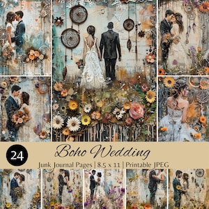 Boho Wedding Digital Junk Journal Pages, Vintage Floral Printable JPEG, Mixed Media Art, Romantic Couple Collage, Wedding Scrapbook
