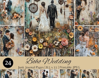 Boho Wedding Digital Junk Journal Pages, Vintage Floral Printable JPEG, Mixed Media Art, Romantic Couple Collage, Wedding Scrapbook