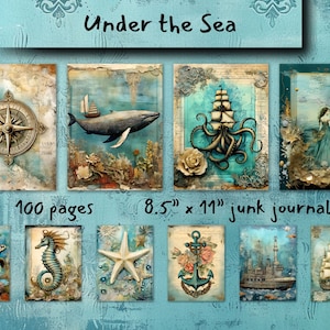 Under the Sea Digital Junk Journal Kit, kortstondige oceaanthema-thema, vintage nautische afdrukbare, 100 pagina's scrapbooking, collagevellen 8,5 x 11
