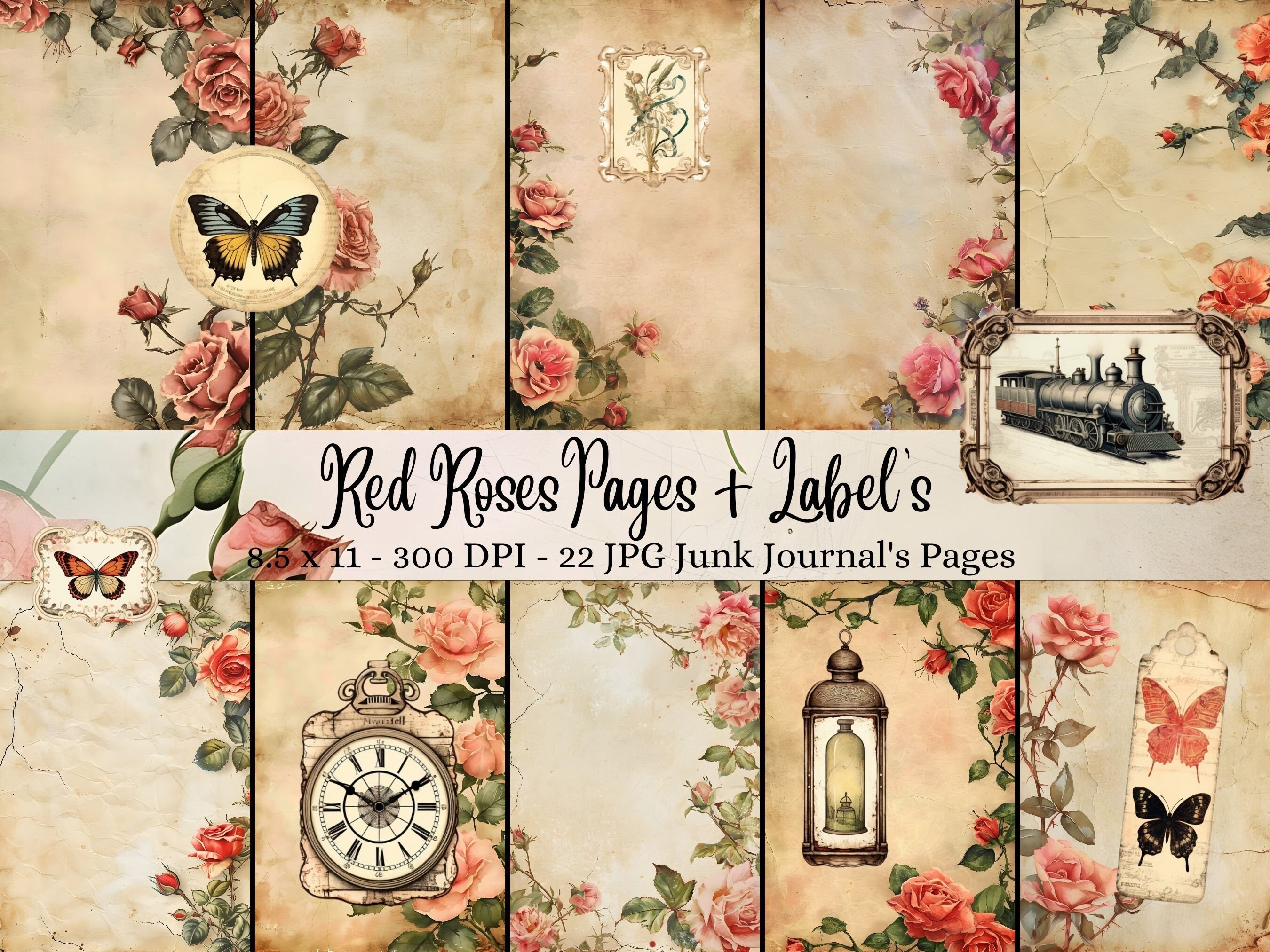 Vintage Rose Junk Journal Pages, Butterfly and Roses Digital Paper, 8 ...