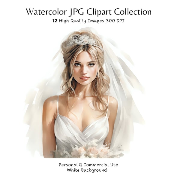 Watercolor Bride Veil and Tiara Clipart, Wedding Day Illustration, Bridal Portrait JPG, Digital Download, Commercial Use, Bride-to-Be Art