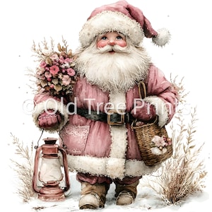 Vintage Santa Claus Pink Coat Digital Download, Cute Christmas Santa Art Print, Retro Holiday Santa Wall Decor, Christmas Home Decor, Jpg