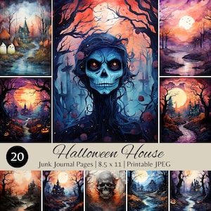 20er Set Halloween Haus Junk Journal Seiten, 8.5x11 inch Digital Download, Spooky Haunted House Kunst, Halloween Decor