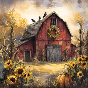 May include: A watercolour painting of a red barn adorned with a sunflower wreath and three black crows on the roof. The scene features sunflowers, corn stalks, and a pumpkin, creating a rustic autumn atmosphere.