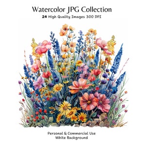 24 clipart de canteiro de flores silvestres, flores silvestres, clipart em aquarela para impressão, JPGs de alta qualidade, download digital, artesanato em papel, diário de lixo eletrônico
