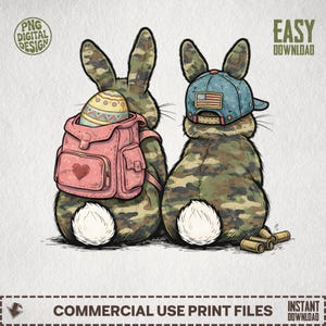 May include: Two cartoon bunnies with camouflage fur. One bunny wears a pink backpack with a heart and carries a decorated Easter egg. The other bunny wears a blue cap with an American flag. The image includes the text "PNG DIGITAL DESIGN" and "EASY DOWNLOAD".