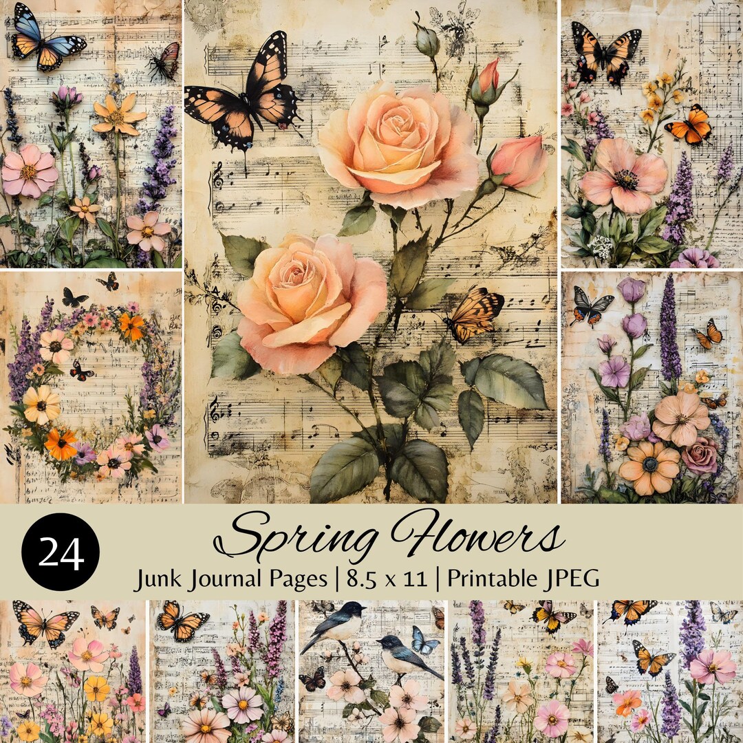 Junk Journal Printable Pages Set, Vintage Floral Design Ephemera, 24 ...