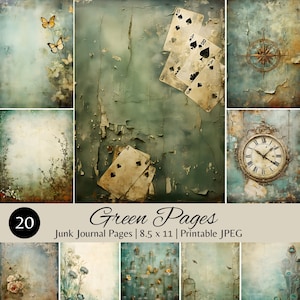 Vintage Green Junk Journal Pages, Printable Ephemera, 8.5 x 11 Digital Download, Antique Aesthetic Collage Kit, Scrapbooking Paper