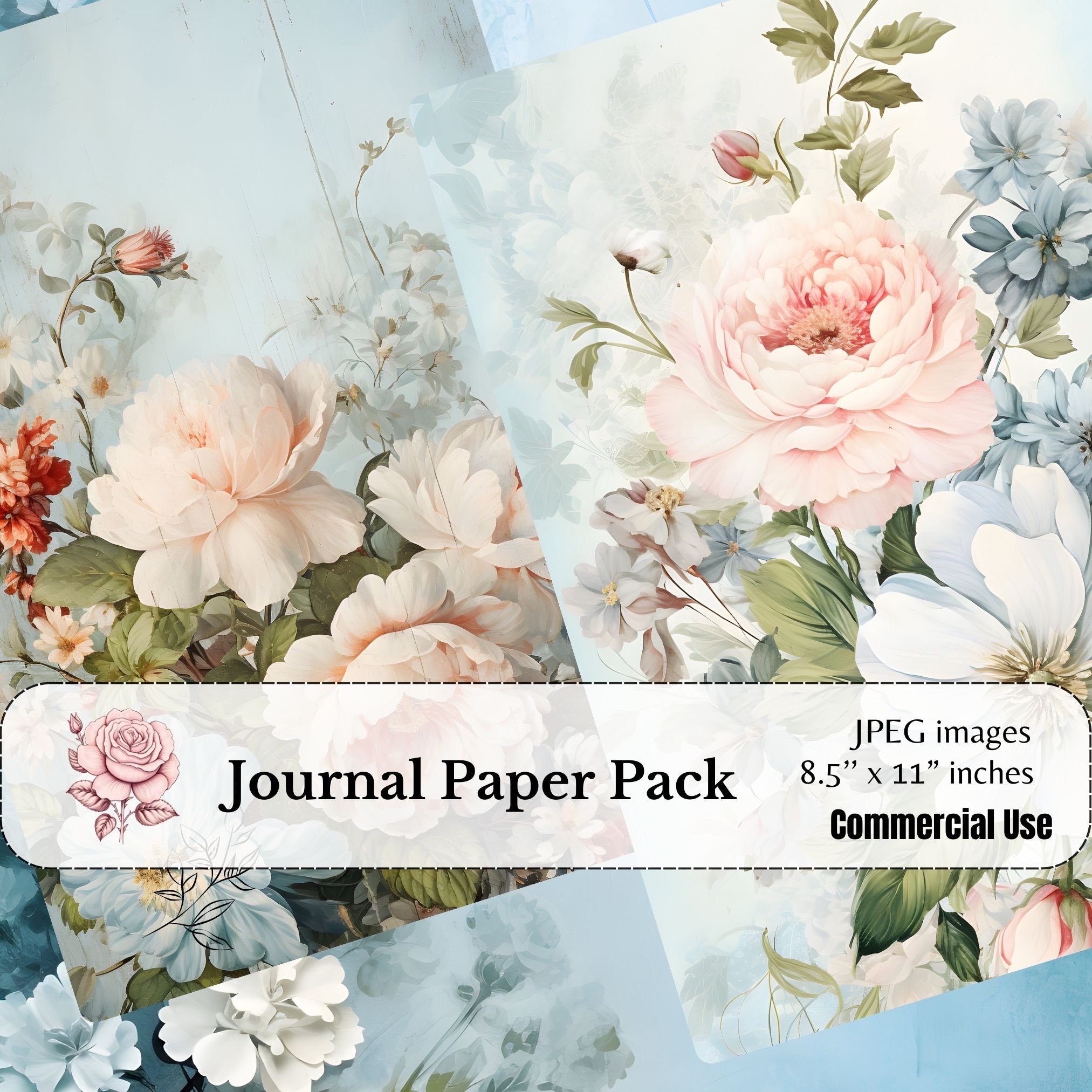 Shabby Chic Pastel Blue Floral Digital Papers, Junk Journal Vintage ...