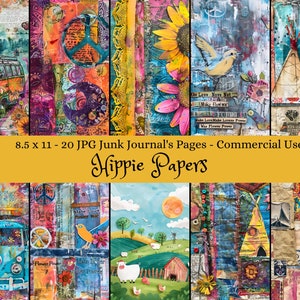 Boho Digital Junk Journal Kit, Hippie Papers, 8.5x11, Afdrukbare collagepagina's, Scrapbookpapier, Instant Download, Commercieel gebruik