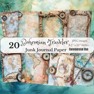 Boho Traveler Junk Journal Digitales Papier Kit, 20 Designs, kommerzielle Nutzung, sofortiger Download, Scrapbooking, Collage Sheets, 8,5 x 11