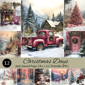 Christmas Printables for Junk Journals, Pink Christmas, Vintage Merry Christmas Junk Journal Pages, Watercolor Santa Digital Junk Journal