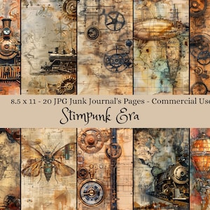 Cyfrowe papiery z epoki Steampunk, dziennik Vintage Map Junk, do druku 8,5x11, mechanizm zegarowy, do użytku komercyjnego, artykuły do rękodzieła, pobieranie cyfrowe