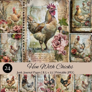 Pages imprimables pour le journal indésirable, poule avec des poussins, poule, poussins, journal indésirable en téléchargement numérique, feuille de collage numérique, journal indésirable lunatique