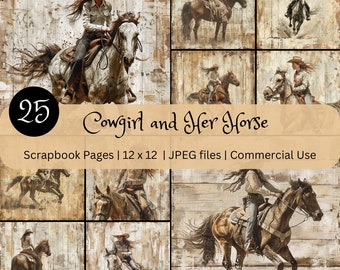 Western Cowgirl Scrapbook Pages,Rustic Horse Theme,12x12 Digital Paper,JPEG Commercial Use,Instant Download,Mixed Media Art,Western Cowgirl