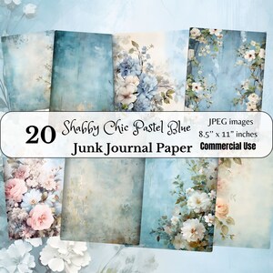 Shabby chic pastelblauwe bloemen digitale papers, junk Journal vintage download, scrapbooking afdrukbare achtergrond, commercieel gebruik, 8.5 x 11