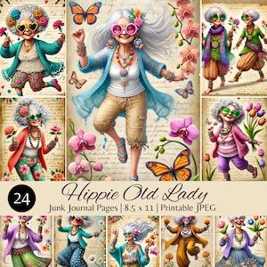 Vintage Hippie Old Lady Junk Journal Pages, 24 JPEG imprimibles 8.5x11, Alma hippie, Tema de mariposa y flor, Descarga instantánea