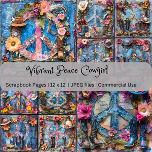 Vibrant Peace Cowgirl Digital Scrapbook Pages, 12x12 Printable, Commercial Use, Western Theme,Digital Paper, Digital Download