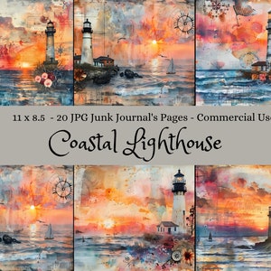 Imprimables numériques phares, pages de journal indésirable, paysage côtier coucher de soleil, 11 x 8,5, usage commercial, scrapbooking, téléchargement immédiat