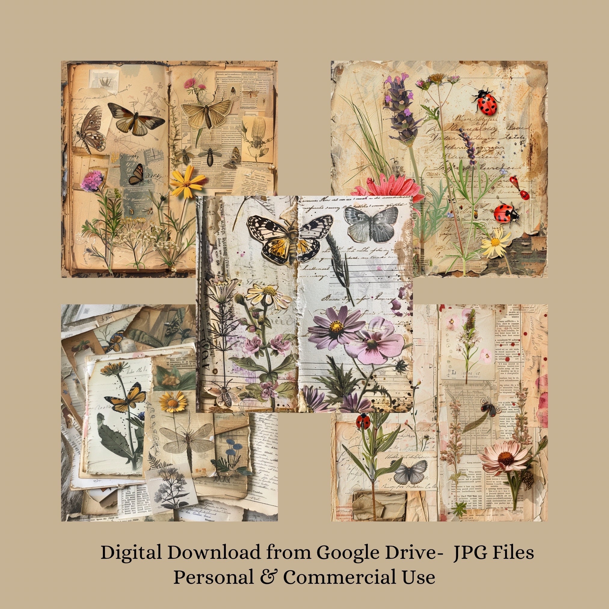 Vintage Botanical Digital Paper Pack, Retro Nature Scrapbook Pages ...