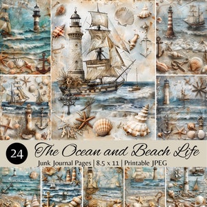 Feuille de collage pour journal indésirable Ocean and Beach Life, 8,5 x 11 images JPG pour pages nautiques de scrapbooking, téléchargement numérique, usage commercial