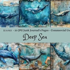 Ocean Junk Journal Digital Kit, Sea Life Collage Sheets, Printable Whale Art, 11x8.5 Scrapbook Paper, Commercial Use, Instant Download