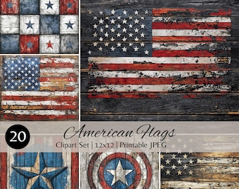 Rustic American Flag Digital Paper | 20 Distressed Stars and Stripes Clipart | Vintage Patriotic Junk Journal Pages | Rustic USA Wood Paper