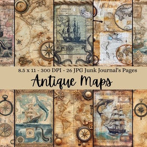 Vintage Karten, digitales Papier, antike Seekarte Printables, alte Welt Journal Seiten, Junk Journal Zubehör, sofortiger Download, 8,5 x 11