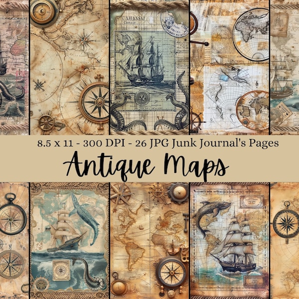Vintage Maps Digital Paper, Antique Nautical Map Printables, Old World Journal Pages, Junk Journal Supplies, Instant Download, 8.5x11