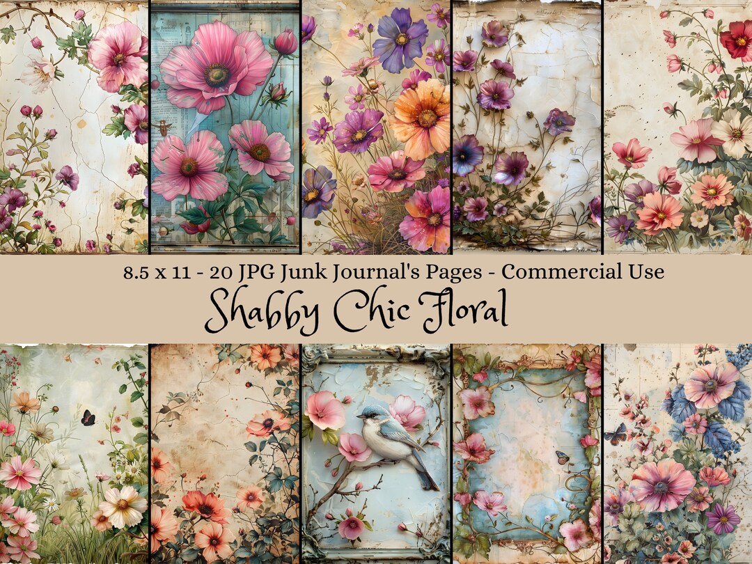 Shabby Chic Floral Junk Journal Pages, Printable Vintage Flower Digital ...