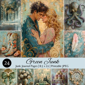 Green Junk Journal Pages Romantic Couple Art, Vintage Aesthetic Prints,Octopus Painting, Printable Wall Decor, Boho Chic Artwork,Mixed Media