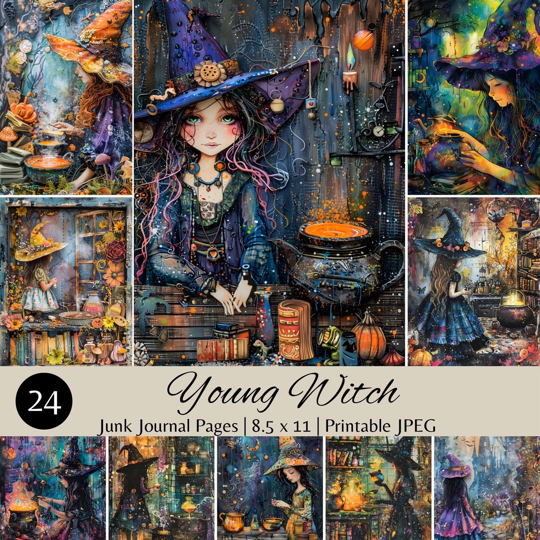 Whimsical Young Witch Potion Room Junk Journal Page, Vibrant Halloween ...