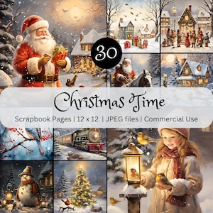 Kerstset met plakboekpagina's, 30 digitale kersttijdontwerpen, 12 x 12 jpeg-bestanden, commercieel gebruik, direct downloaden, vakantieambachten,