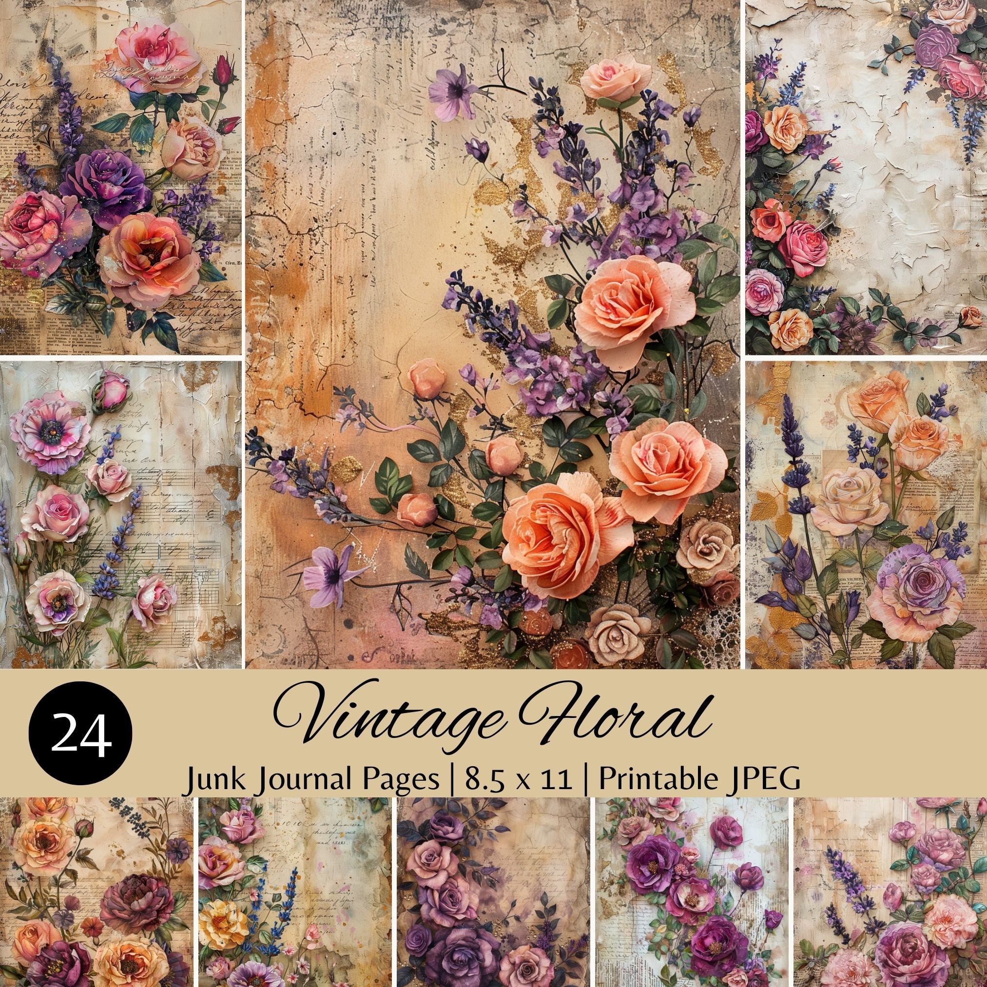 Vintage Floral Junk Journal Pages, Printable Antique Rose Ephemera, 8 ...