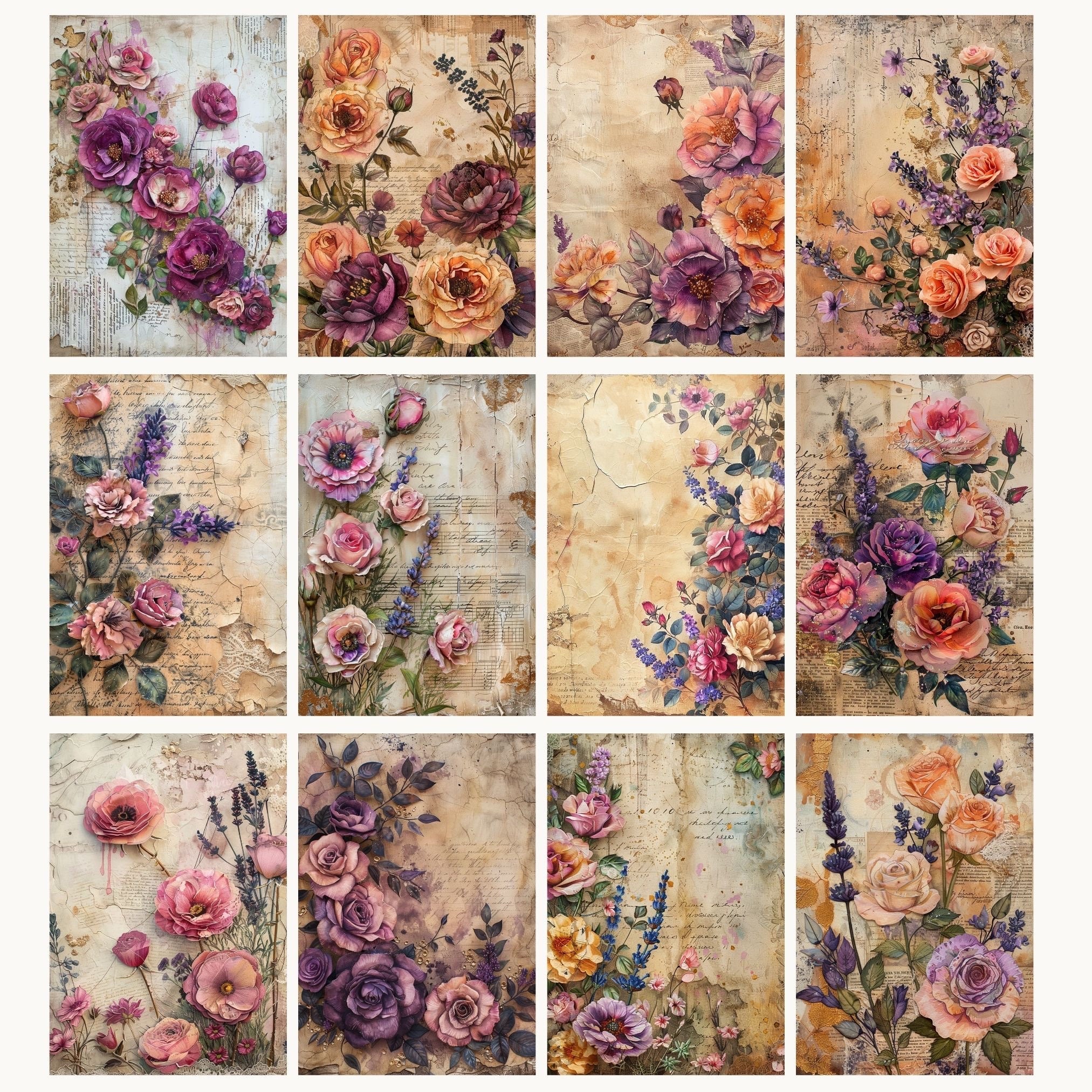 Vintage Floral Junk Journal Pages, Printable Antique Rose Ephemera, 8 ...