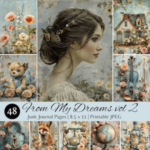 Zachte nostalgiepagina's, vintage junkjournaal, digitale download, 48 afdrukbare bladen, uit My Dreams-collectie deel 2, 8,5 x 11, Shabby Chic Art