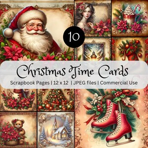 Coleção de cartões de Natal vintage, páginas de scrapbook de Natal para impressão, designs de cartões de felicitações de feriados, conjunto de arquivos JPEG 12 x 12, páginas de Natal