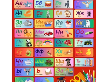 Russian Alphabet Letters with Pictures Poster for Print| Cyrillic Alphabet , Russian Language in Color