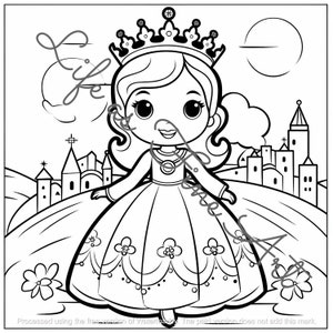 May include: A black and white line drawing of a princess wearing a crown and a dress with a floral pattern. She is standing in front of a castle with a large moon in the background.