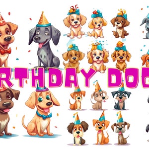 Birthday Dogs Clipart Bundle | Birthday Party Puppies 100+ Designs PNG Bundle | Cartoon Style Party Doggies | Birthday Clipart Cute Puppies