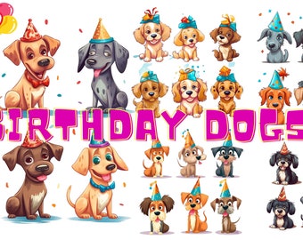 Birthday Dogs Clipart Bundle | Birthday Party Puppies 100+ Designs PNG Bundle | Cartoon Style Party Doggies | Birthday Clipart Cute Puppies